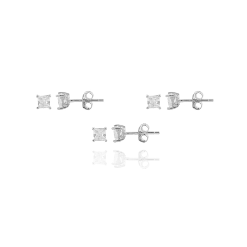 ORECCHINI A LOBO CON ZIRCONE QUADRATO 3 COPPIE IN ARGENTO TIT 925
