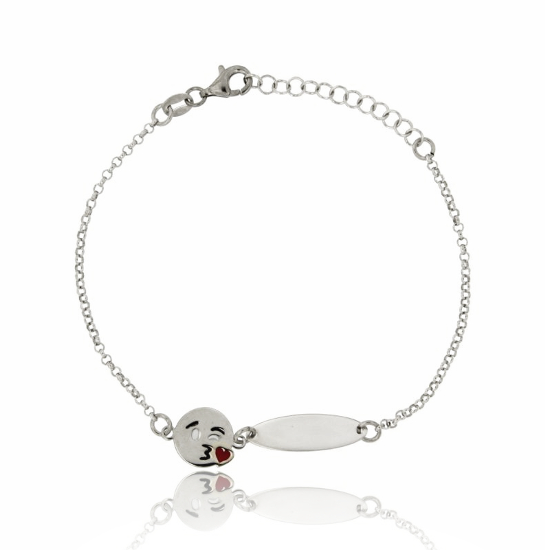 BRACCIALE ROLO' CON TARGA E EMOTICONS BACIO IN ARGENTO RODIATO TIT 925‰ CM 18
