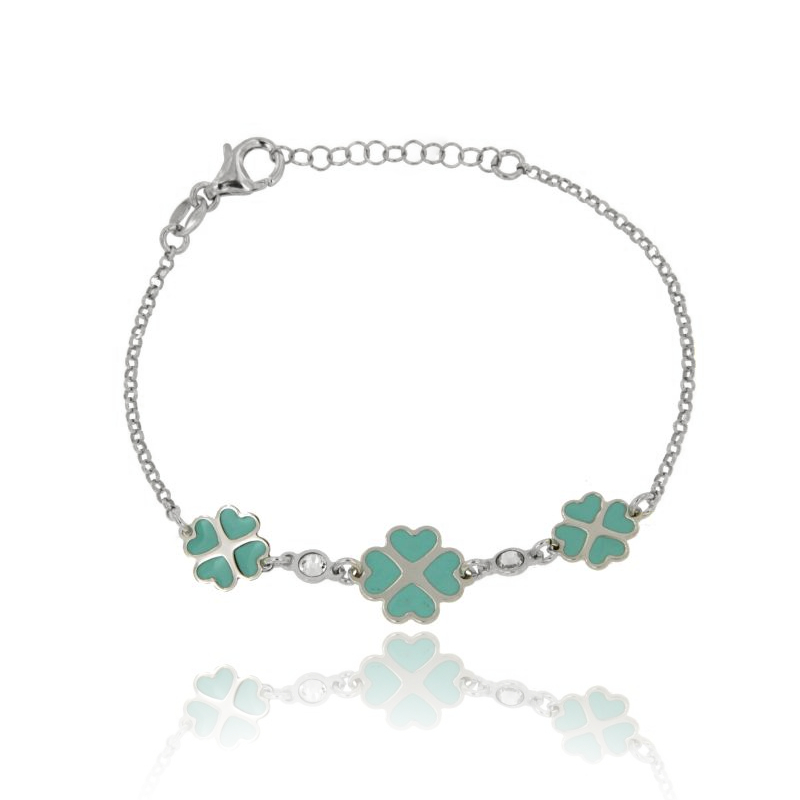 BRACCIALE ROLO' CON 3 QUADRIFOGLI SMALTATI VERDI IN ARGENTO RODIATO TIT 925‰ E ZIRCONI CM 18