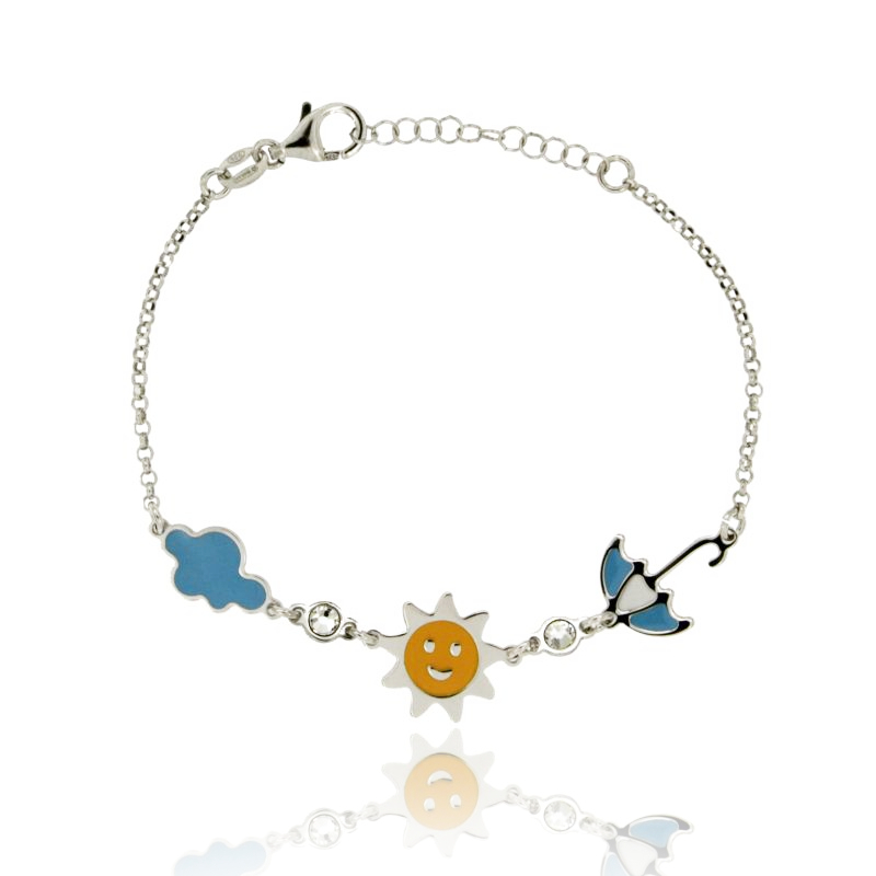 BRACCIALE ROLO' CON SOLE, NUVOLA E OMBRELLO IN ARGENTO RODIATO TIT 925‰ ZIRCONI E SMALTO CM 18