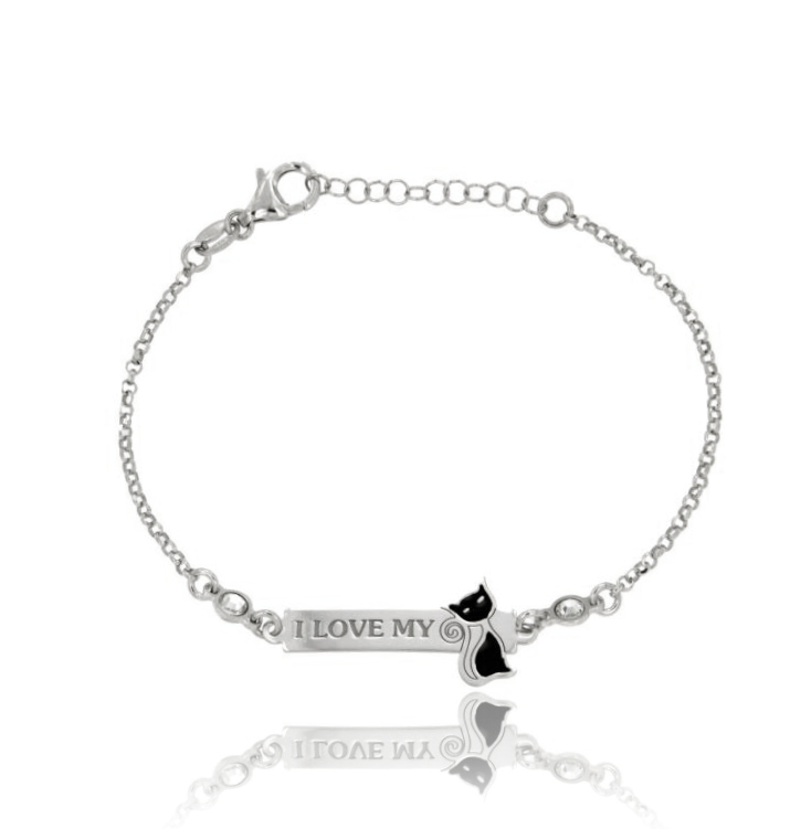 BRACCIALE ROLO' CON GATTO E TARGA CON INCISO I LOVE MY IN ARGENTO RODIATO TIT 925‰ ZIRCONI E SMALTO CM 18