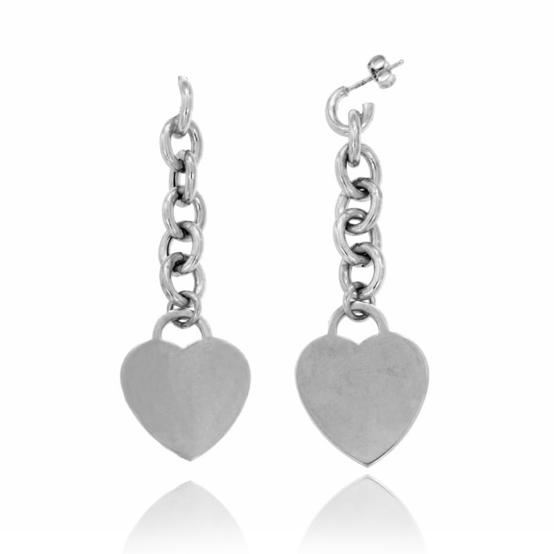 ORECCHINI PENDENTI CUORE CON CATENA ROLO' OVALE MM 70X21 IN ARGENTO RODIATO TIT 925‰