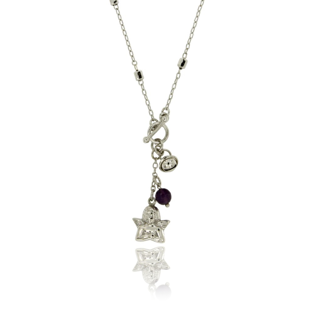 COLLANA A CRAVATTA CM 43 IN ARGENTO RODIATO TIT 925‰ CON PUTTINO CAMPANELLINO E PIETRA DURA VIOLA