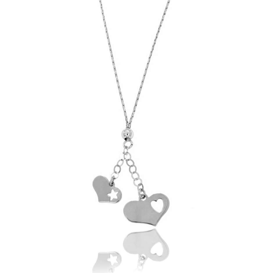 COLLANA A CRAVATTA CM 42 CATENA COBRA IN ARGENTO RODIATO TIT 925‰ CON CUORI PENDENTI CON TRAFORO CUORE E STELLA