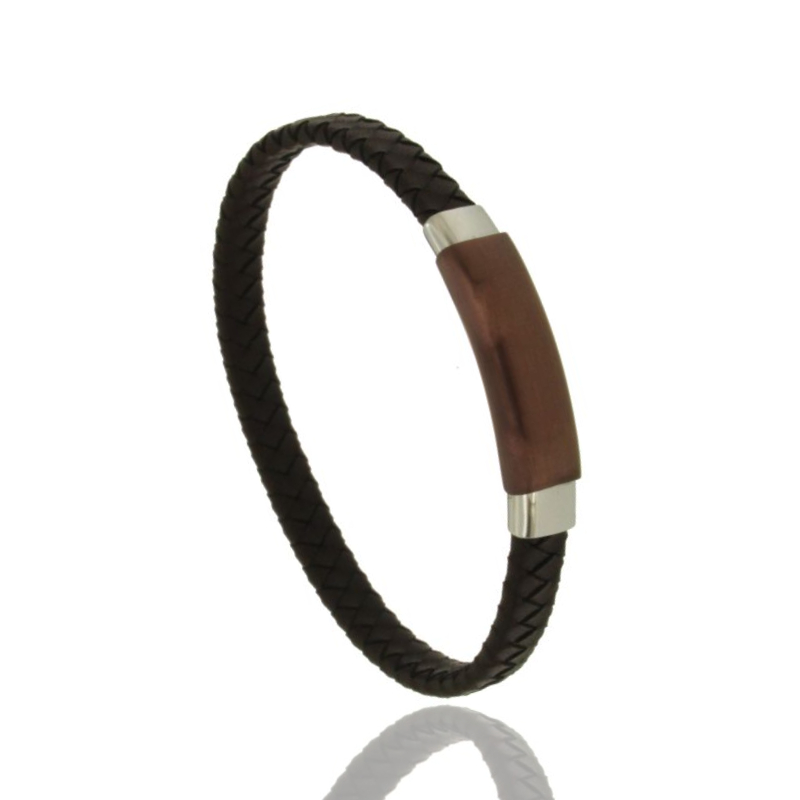 BRACCIALE IN CUOIO MARRONE INTRECCIATO CON TARGA MM 10 IN ACCIAIO PLACCATA CHOCCOLATE