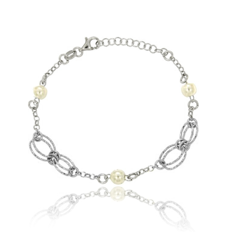 BRACCIALE ROLO' ALTERNATO CM 17-20 CON PERLE MM 6 E TRAMEZZI OVALI IN ARGENTO RODIATO TIT 925