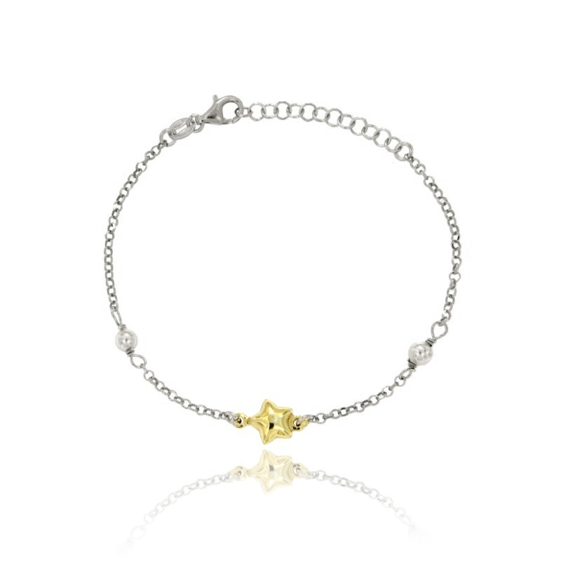 BRACCIALE ROLO' CM 17-20 ALTERNATO PERLE E STELLINA CENTRALE IN ARGENTO BICOLORE PLACCATO RODIO E ORO TIT 925
