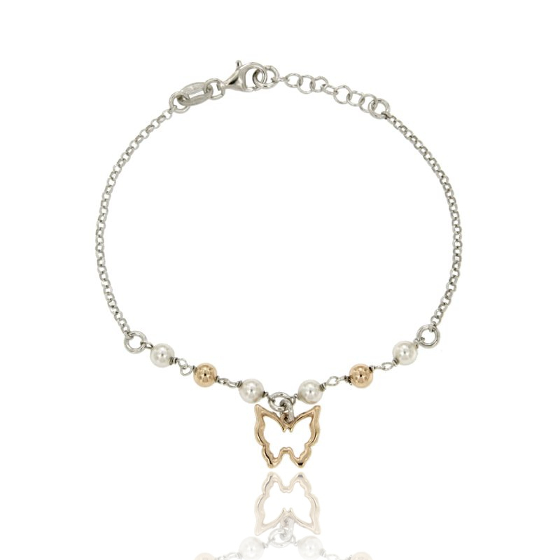 BRACCIALE ROLO' CM 17-19 ALTERNATO PERLE E SFERE CON FARFALLA PENDENTE IN ARGENTO BICOLORE PLACCATO RODIO E ORO ROSA TIT 925