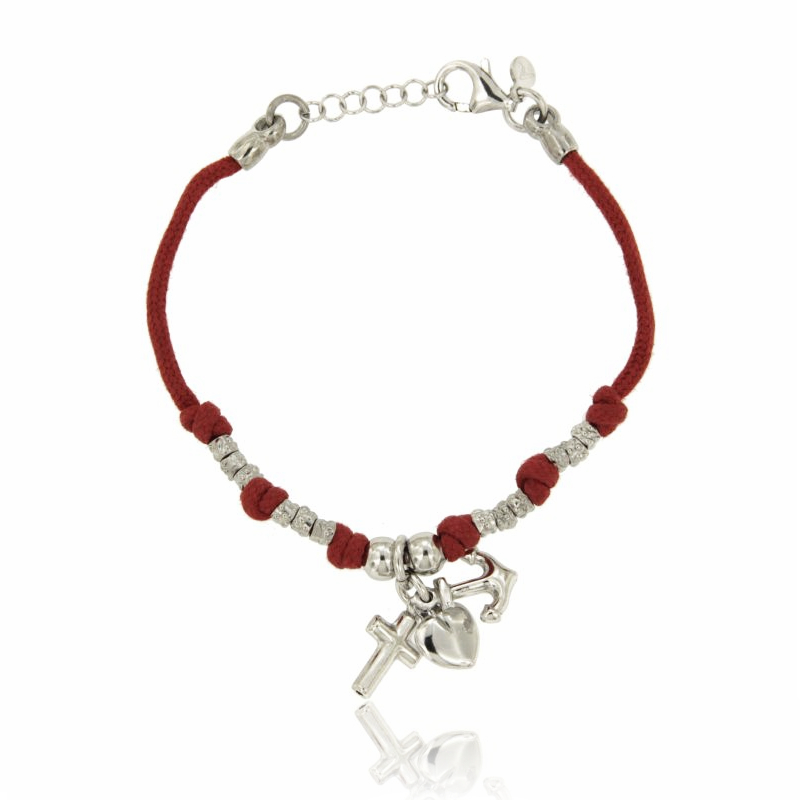 BRACCIALE IN SETA CERATA ROSSA CON PEPITE E PENDENTI FEDE-CROCE SPERANZA-ANCORA CARITA'-CUORE IN ARGENTO RODIATO TIT 925‰