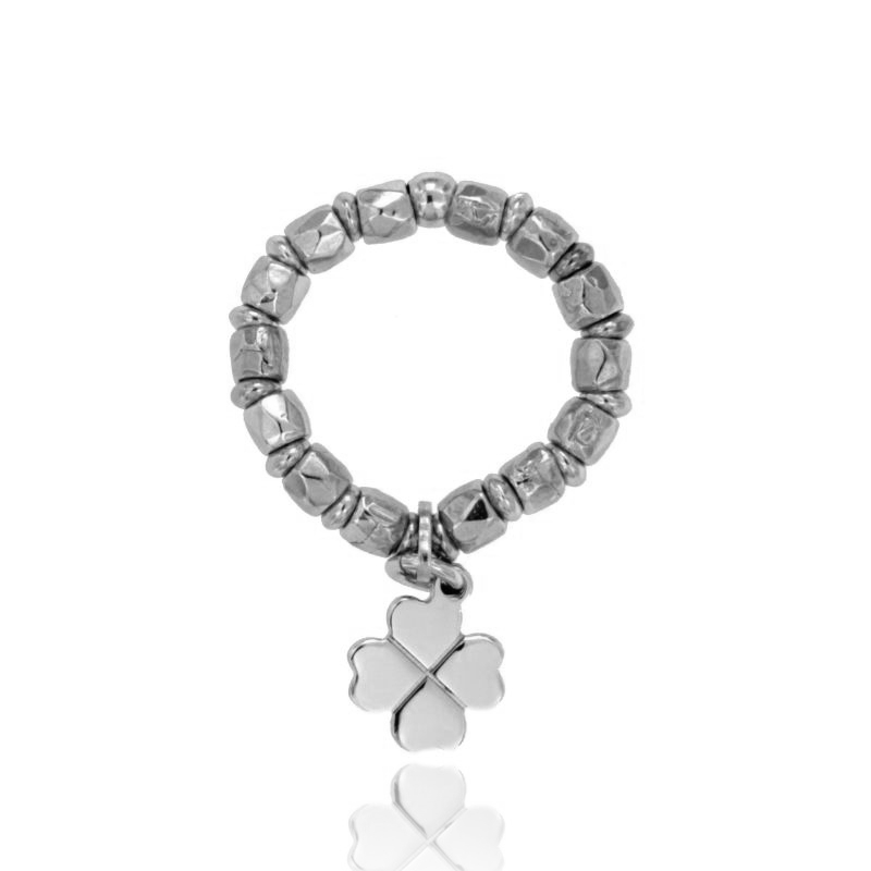 ANELLO ELASTICO CON PEPITE DIAMANTATE MM 3 IN ARGENTO RODIATO TIT 925‰ CON QUADRIFOGLIO PENDENTE MISURA REGOLABILE