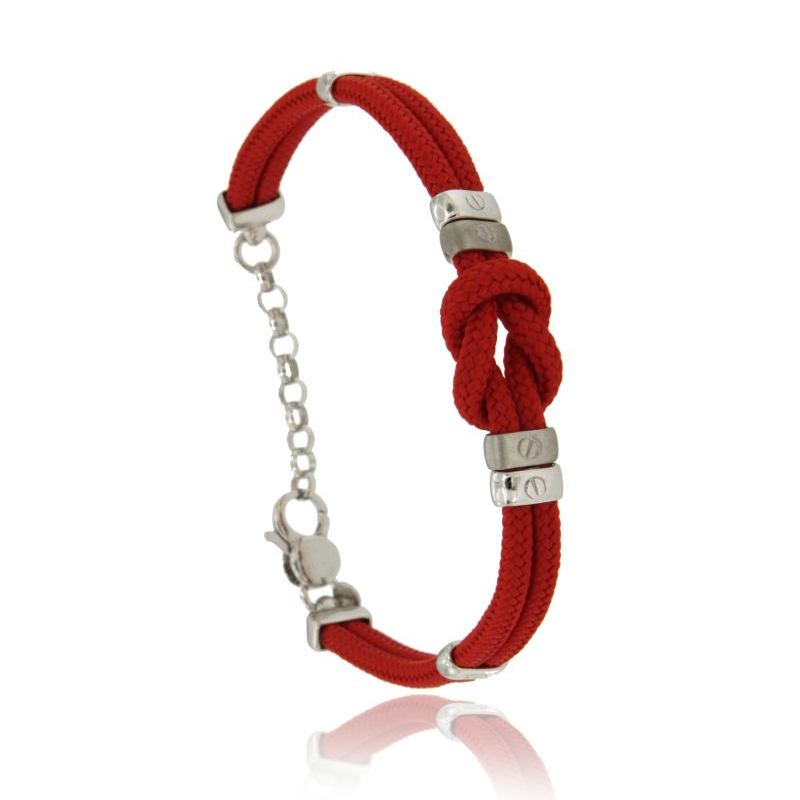 BRACCIALE CORDINO ROSSO CON NODO CENTRALE MM 12 TRAMEZZI E CHIUSURA IN ARGENTO RODIATO TIT 925‰