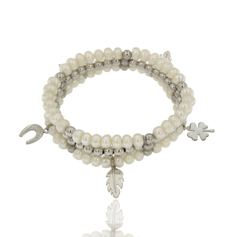 BRACCIALE ELASTICO A 3 FILI CON PALLINE, PERLE NATURALI E CIONDOLI IN ARGENTO RODIATO TIT 925