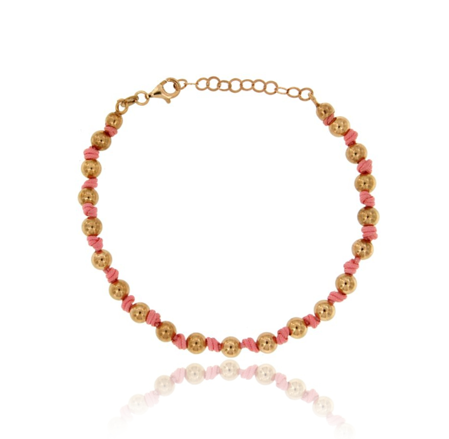BRACCIALE CON SFERE MM 5 E SETA CERTATA ROSA IN ARGENTO RAMATO TIT 925‰