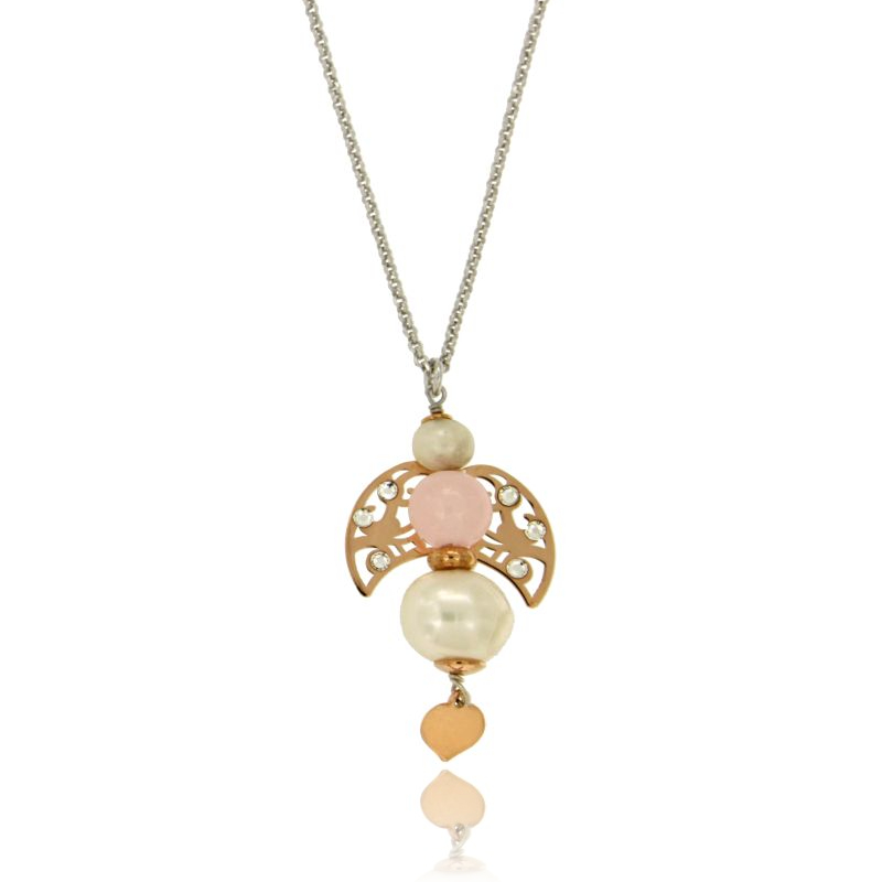 CATENA FORZATINA CM 42-45 IN ARGENTO RODIATO TIT 925‰ CON ANGELO ASTRATTO PERLE E SFERA DI PIETRA DURA ROSA CON ALI IN ARGENTO PLACCATO ORO ROSA