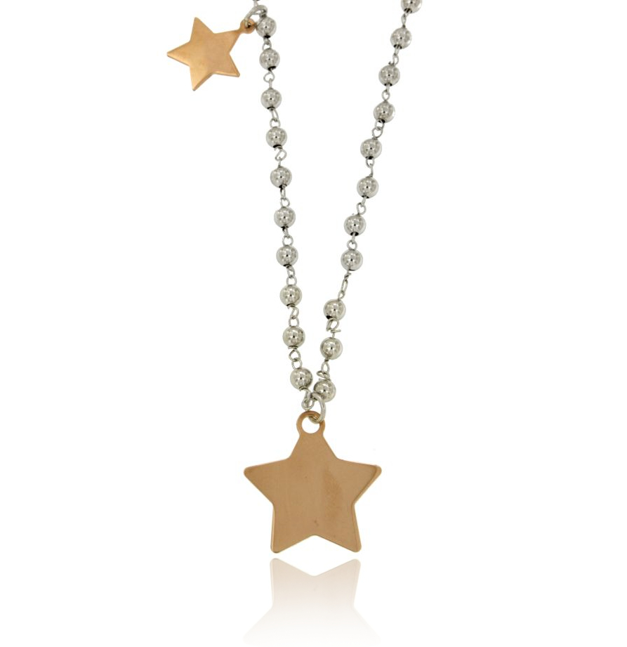 LACCIO FORZATINA CM 80 IN ARGENTO RODIATO TIT 925‰ CON SFERE MM 5 E STELLE PENDENTI PLACCATE ORO ROSA MM 17X 15 E MM 26X23