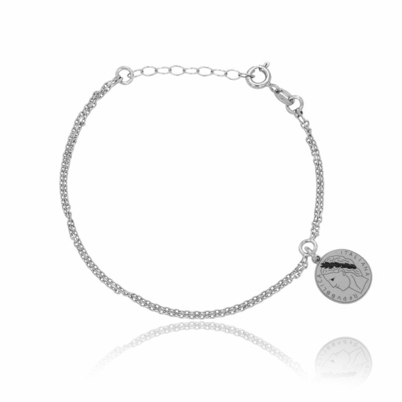BRACCIALE FORZATINA 2 FILI CM 17-20 IN ARGENTO RODIATO TIT 925‰ CON MONETA ROMANA RAFFIGURANTE GIULIO CESARE MM 12
