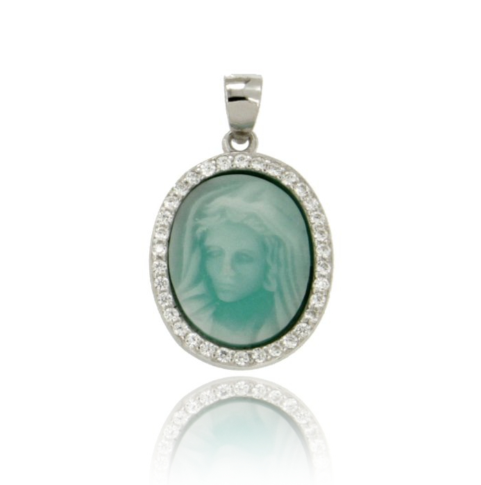 CIONDOLO OVALE CON MADONNA IN RESINA VERDE MM 22X16 IN ARGENTO RODIATO TIT 925‰ E ZIRCONI