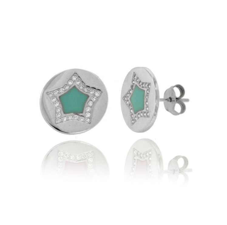ORECCHINI TONDI MM 13 CON STELLA SMALTATA VERDE ACQUAMARINA IN ARGENTO RODIATO TIT 925‰ E ZIRCONI