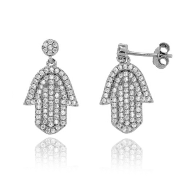 ORECCHINI PENDENTI MANO DI FATIMA MM 20X10 IN ARGENTO RODIATO TIT 925‰ E ZIRCONI