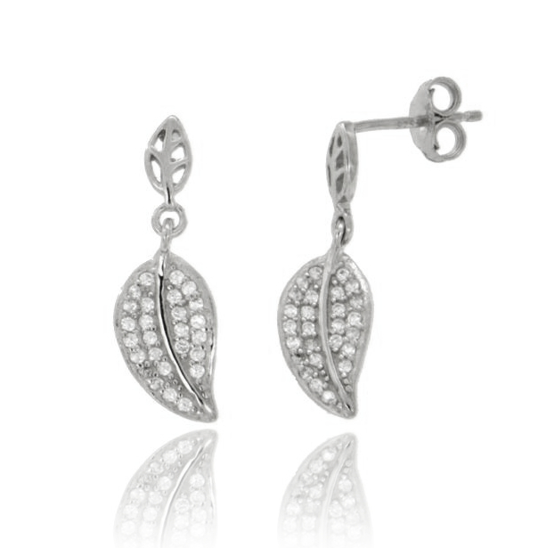 ORECCHINI PENDENTI A FOGLIA MM 18X8 IN ARGENTO RODIATO TIT 925‰ E ZIRCONI