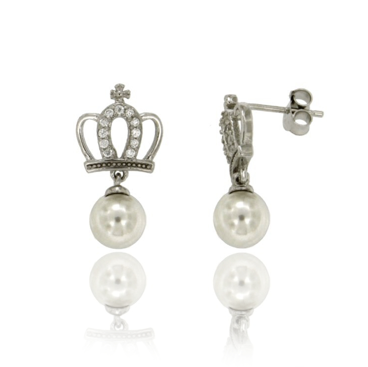 ORECCHINI PENDENTI CON CORONA E PERLA MM 20X11 IN ARGENTO RODIATO TIT 925‰ E ZIRCONI