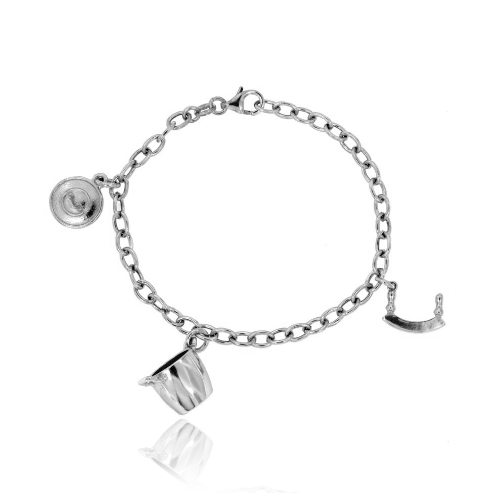 BRACCIALE CON PENTOLA, COPERCHIO E MEZZA LUNA DA CUCINA PENDENTE IN ARGENTO TIT 925 CM 20