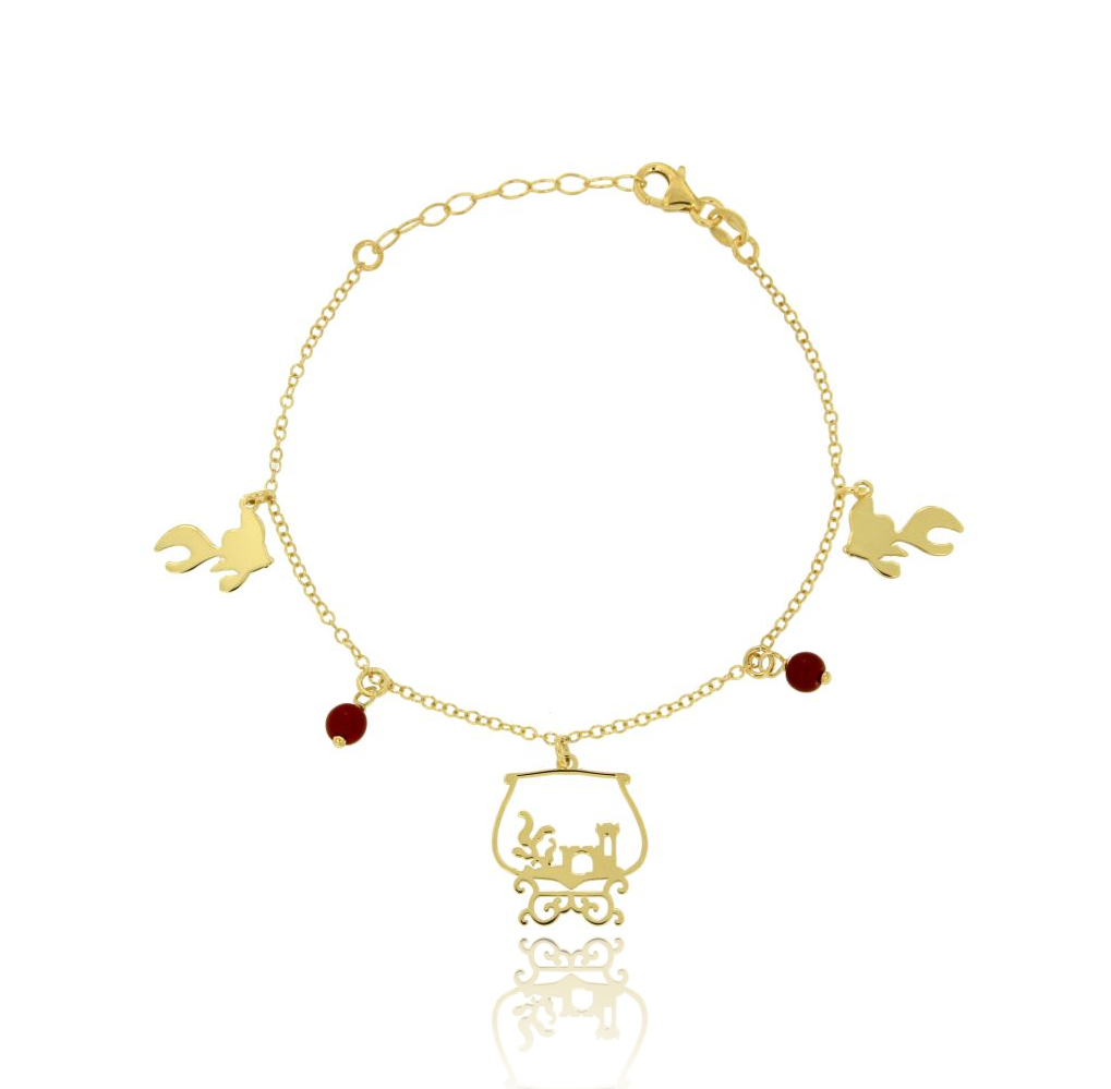 BRACCIALE ROLO' CON ACQUARIO, PESCI E SFERE DI FINTO CORALLO PENDENTI IN ARGENTO DORATO TIT 925‰ CM 18