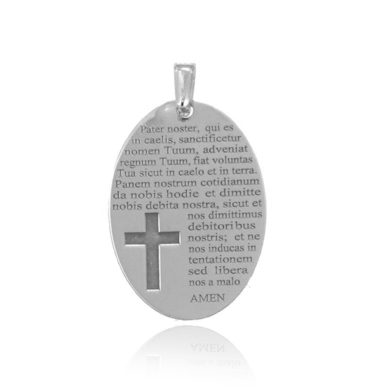 CIONDOLO OVALE MM 30X20 CON PADRE NOSTRO IN ARGENTO RODIATO TIT 925