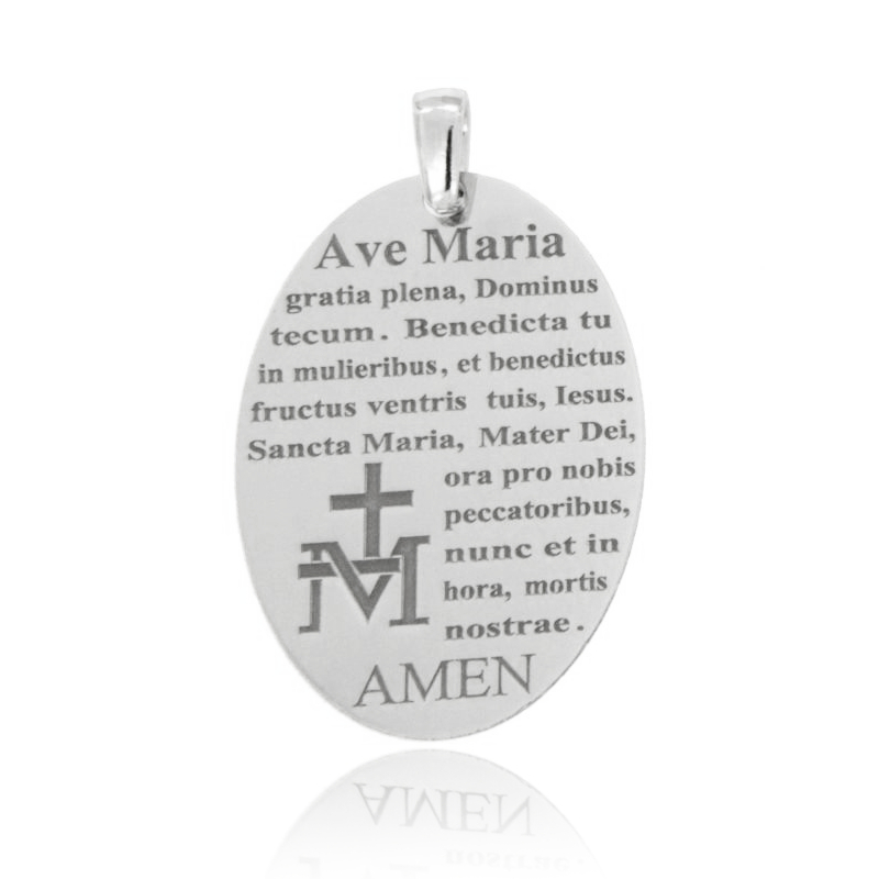 CIONDOLO OVALE MM 30X20 CON AVE MARIA IN ARGENTO RODIATO TIT 925