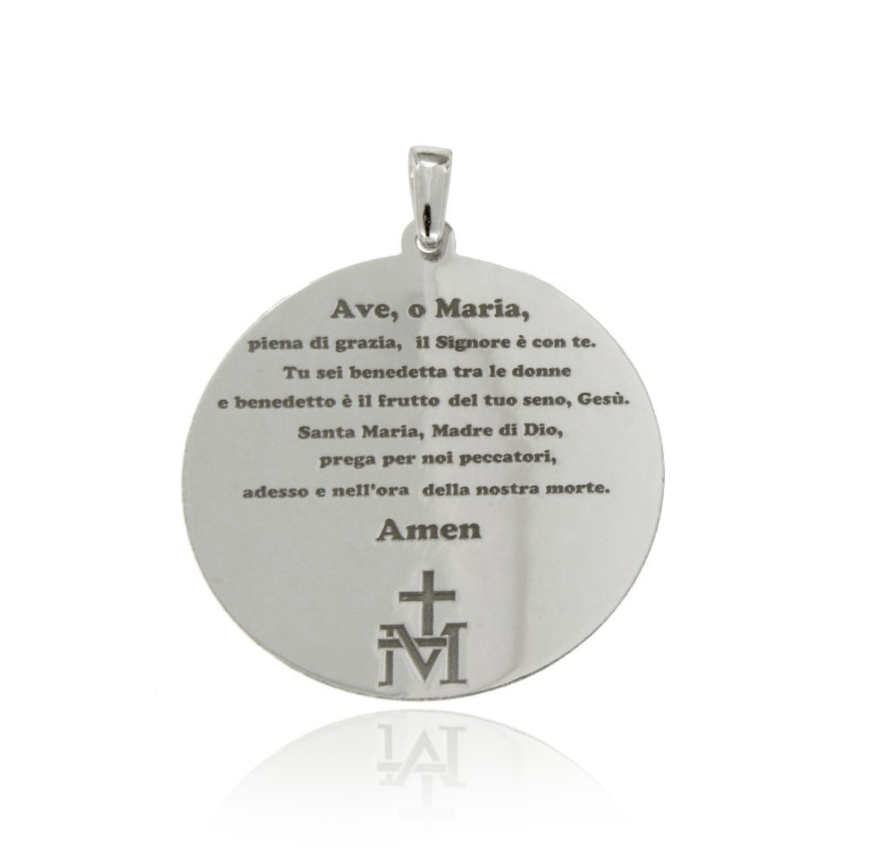 CIONDOLO TONDO MM 30 CON AVE MARIA IN ARGENTO RODIATO TIT 925