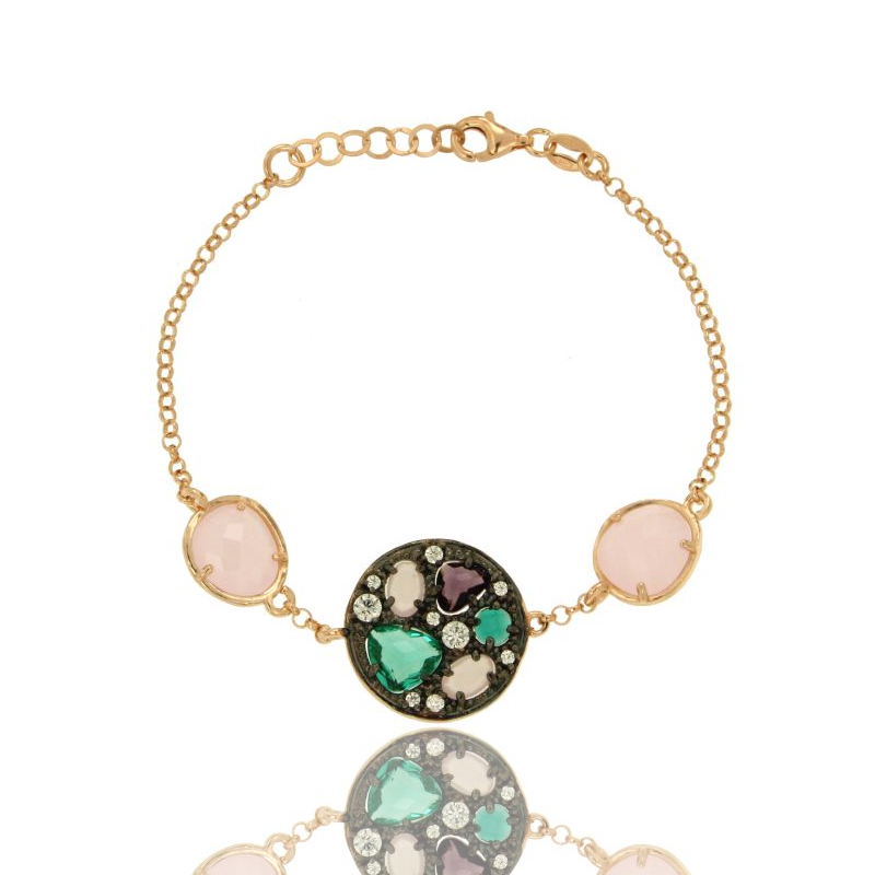 BRACCIALE ROLO' CON SASSI E TONDO MM 20 CON PIETRE IDROTERMALI E ZIRCONI IN ARGENTO TIT 925‰ CM 17-20