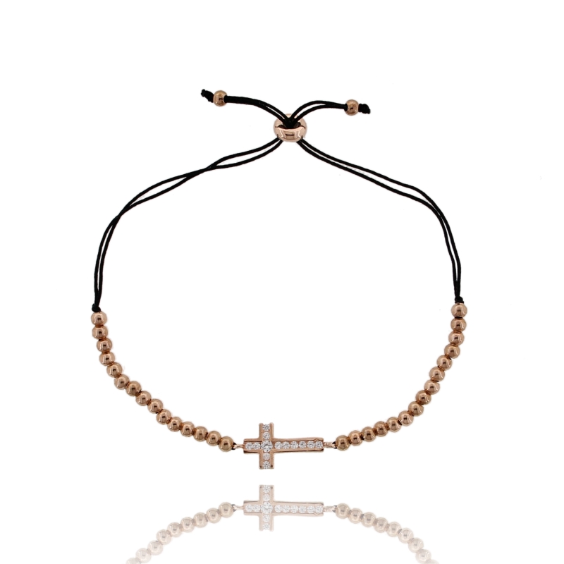 BRACCIALE CON SFERE MM 3, CROCE CENTRALE CON ZIRCONI BIANCHI IN ARGENTO RAMATO TIT 925 E SETA CERATA
