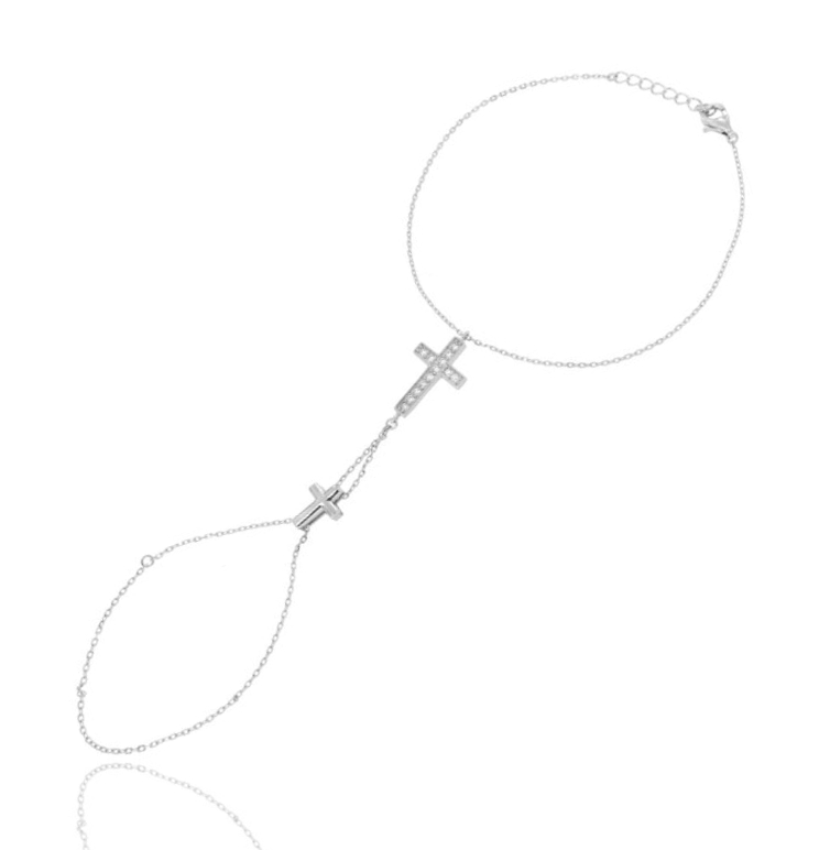 BACIAMANO FORZATINA CON DOPPIA CROCE CENTRALE CON ZIRCONI IN ARGENTO RODIATO TIT 925‰