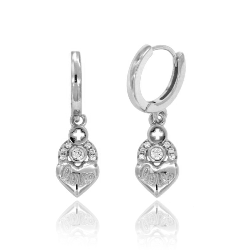 ORECCHINI A CERCHIETTO CON CUORICINO LOVE IN ARGENTO RODIATO TIT 925‰ E ZIRCONI
