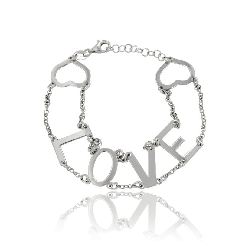 BRACCIALE CON SCRITTA LOVE E CUORI IN ARGENTO RODIATO TIT 925‰ CM 18