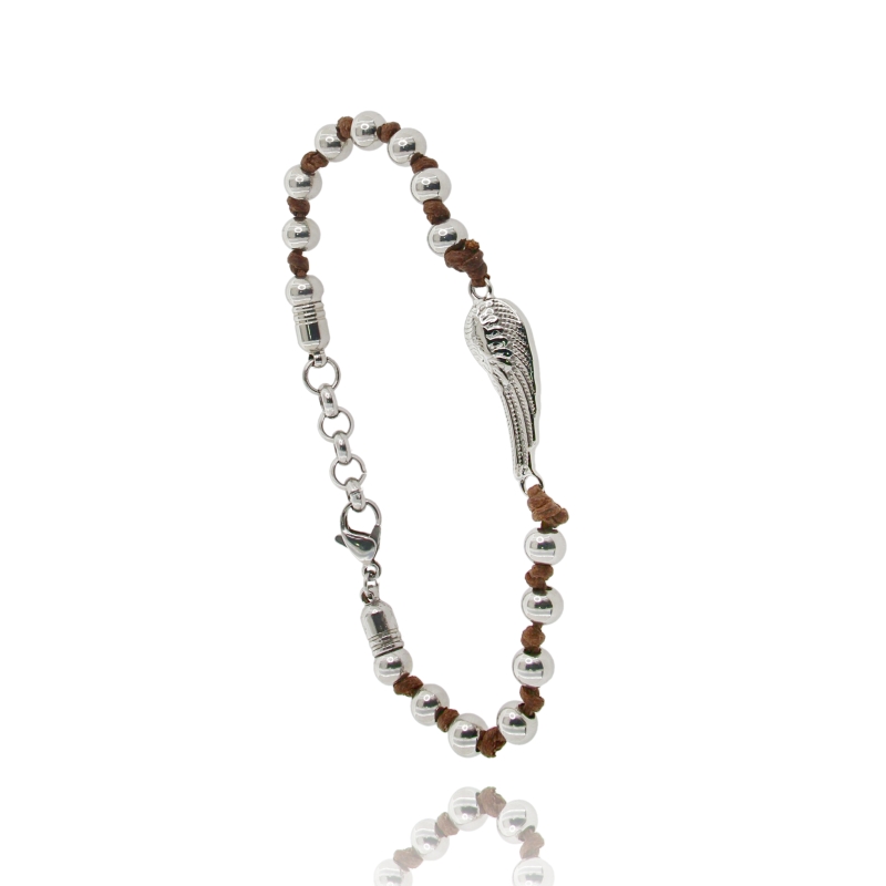 BRACCIALE IN ACCIAIO E CORDINO CON SFERE E ALA CENTRALE
