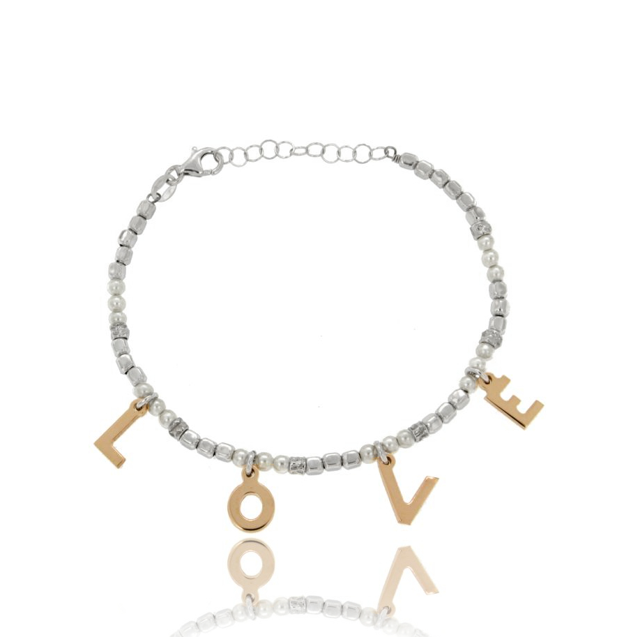 BRACCIALE CON PEPITE, LOVE PENDENTE E PERLE IN ARGENTO BICOLORE TIT 925 CM 18