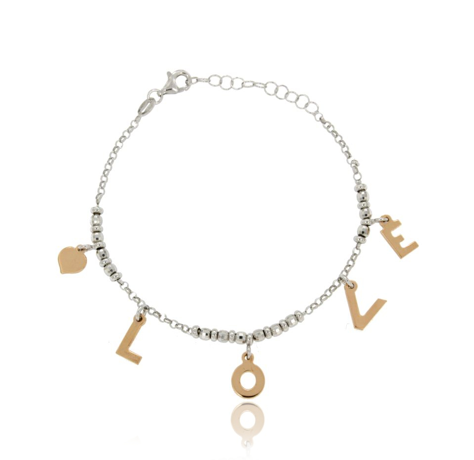 BRACCIALE CON PEPITE E LOVE PENDENTE IN ARGENTO BICOLORE TIT 925 CM 18