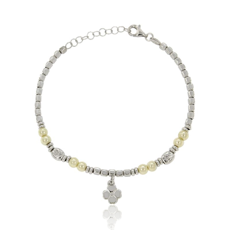 BRACCIALE CON PERLE E CIONDOLI IN ARGENTO RODIATO TIT 925 CM 18