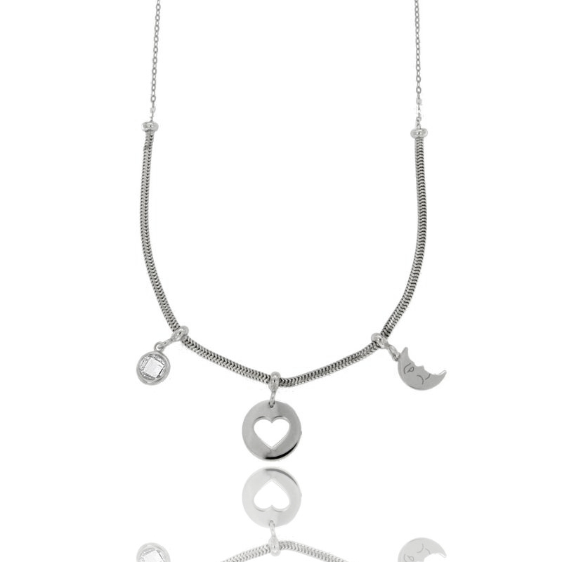 COLLANA CODA DI TOPO CON CUORE, LUNA E ZIRCONI IN ARGENTO RODIATO TIT 925‰ CM 45