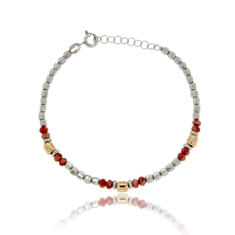 BRACCIALE CON PEPITE, RONDELLE E PIETRE IN ARGENTO BICOLORE TIT 925‰ CM 18