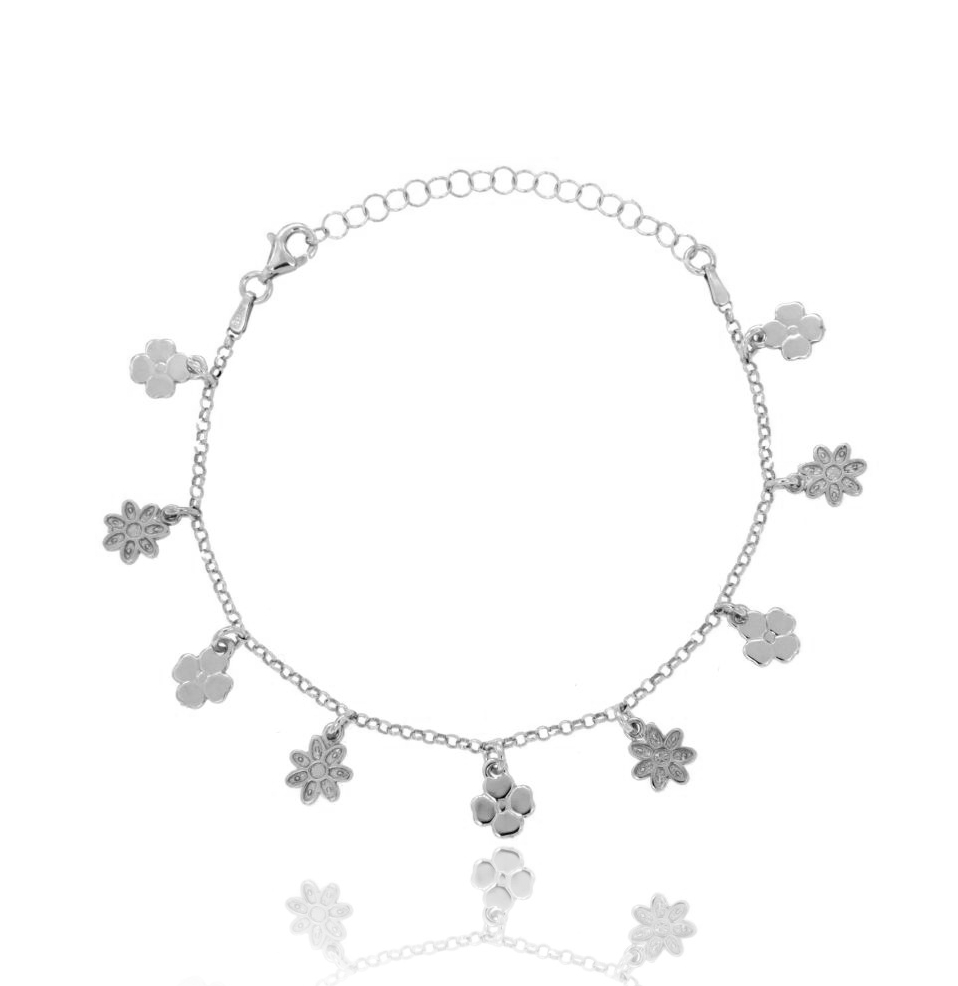 BRACCIALE ROLO' CON FIORELLINI E QUADRIFOGLI PENDENTI IN ARGENTO RODIATO TIT 925 CM 18 ESTENSIBILE A 21