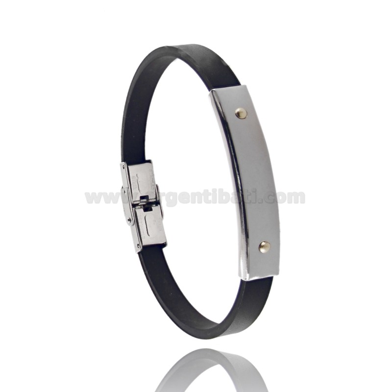 BRACCIALE IN CAUCCIU' NERO CON TARGA IN ACCIAIO CON 2 PUNTI IN OTTONE