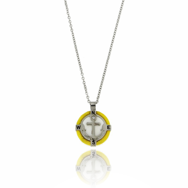 COLLANA FORZATINA CM 50 CON CIONDOLO TONDO MM 18 CON ANCORA IN ACCIAIO SMALTO, ZIRCONE E CORDA