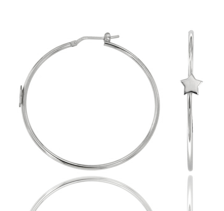 ORECCHINI A CERCHIO DIAMETRO MM 43 A CANNA TONDA MM 1,8 CON SIMBOLO IN ARGENTO RODIATO TIT 925