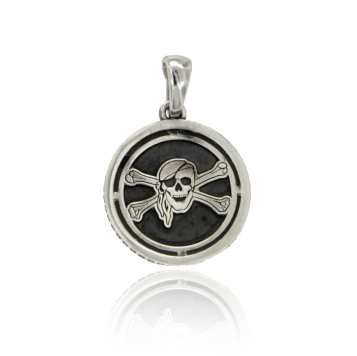 CIONDOLO TONDO MM 17 CON SIMBOLO PIRATI IN ARGENTO BRUNITO TIT 925‰