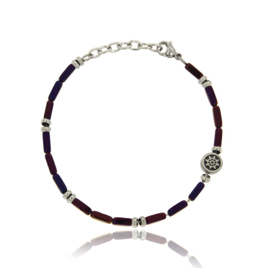 BRACCIALE CON PIETRE VIOLA E TIMONE IN ACCIAIO BRUNITO CM 21