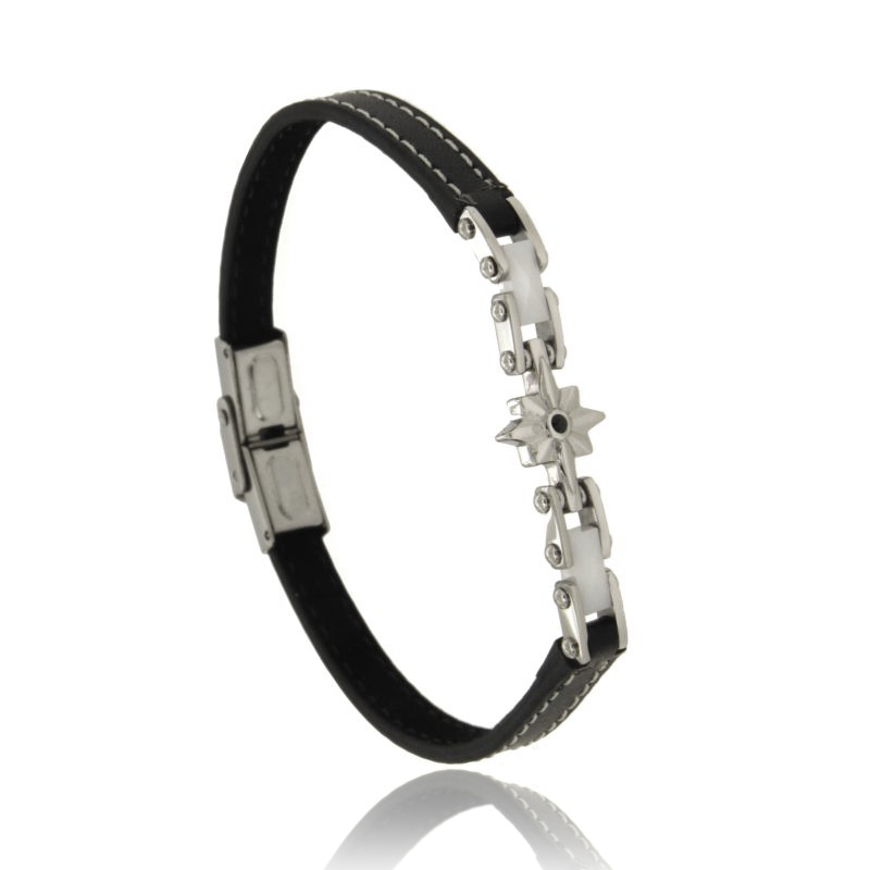 BRACCIALE IN PELLE NERA, ROSA DEI VENTI, CERAMICA E ZIRCONE IN ACCIAIO CM 21