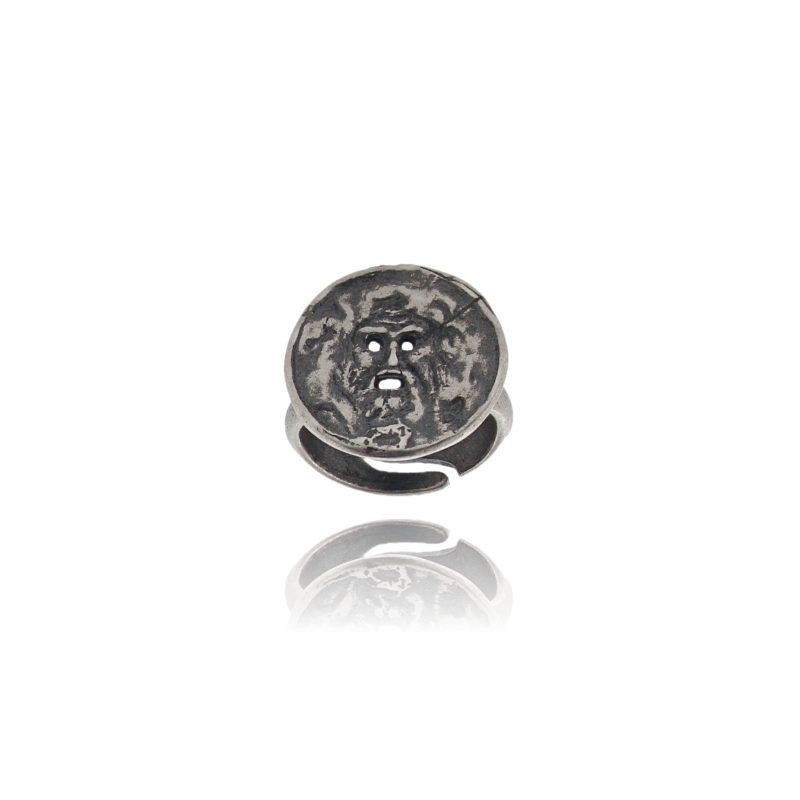 ANELLO TONDO CON BOCCA DELLA VERITA MM 18 IN ARGENTO BRUNITO TIT 925 MISURA REGOLABILE