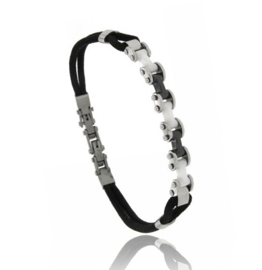 BRACCIALE PELLE E CERAMICA BLU IN ACCIAIO CM 21